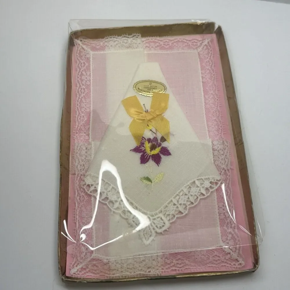 Vintage New In Package 2 Pure Irish Cotton Handkerchiefs. Made In Ireland